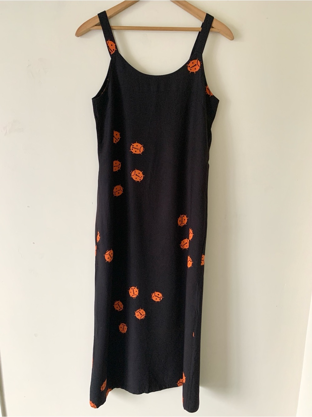 Black Slip Midi Dress with Orange Ladybug Print